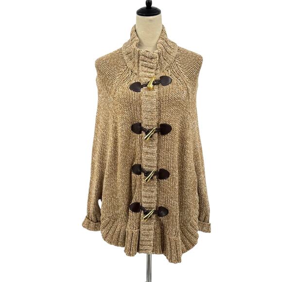 MICHAEL Michael Kors Tan White Chunky Knit Toggle Zipper Poncho Cardigan Sweater - Picture 2 of 13